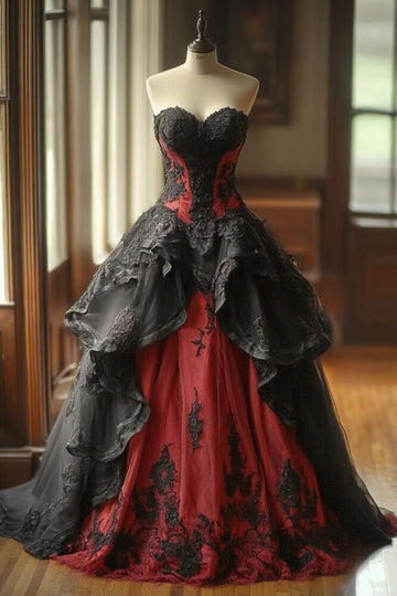 Niulatu Sweetheart Ball Gown Tulle Long Prom Dresses Tulle Red/Black Quincea?era Dresses 2025 Halloween Dress HZ1026